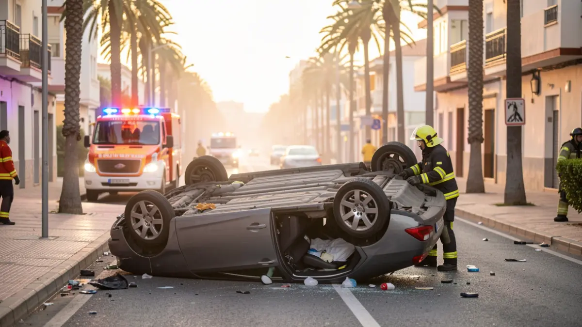 Image of an overturned car in Las Palmas de Gran Canaria with emergency services.
