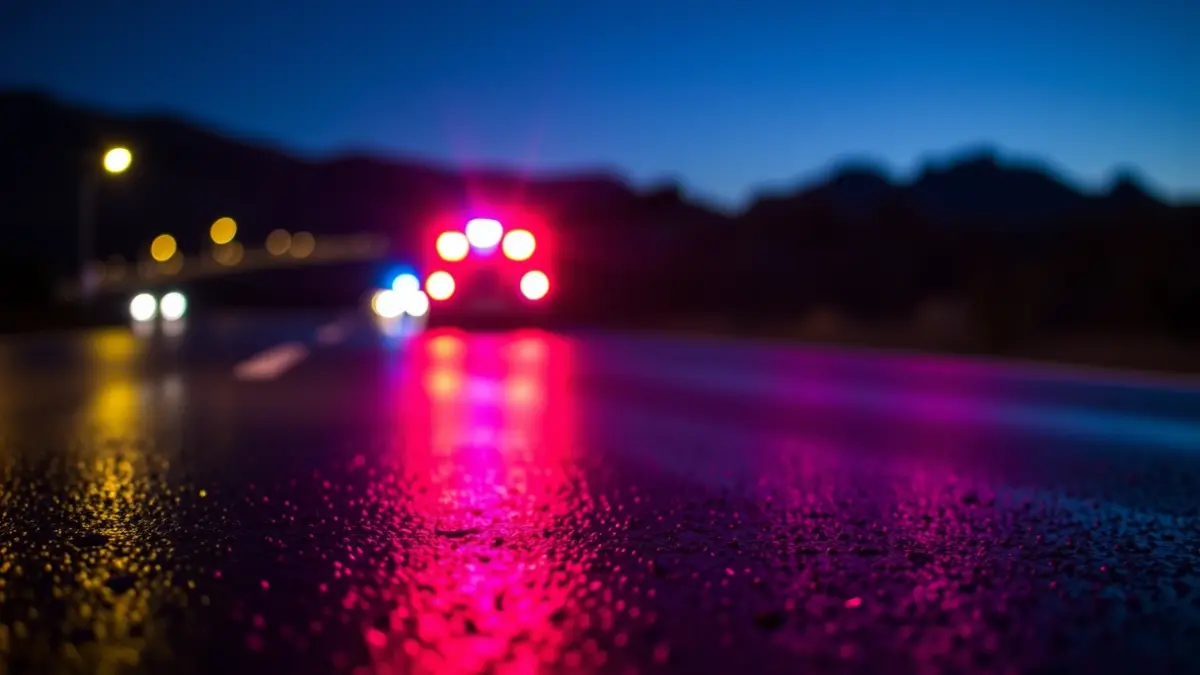 Generic image of emergency lights reflecting on wet asphalt.