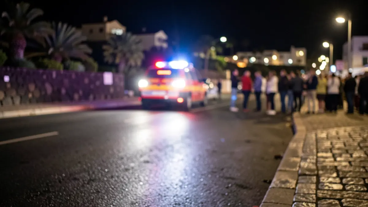 Imagen genérica de luces de emergencia reflejándose en asfalto mojado por la noche.
