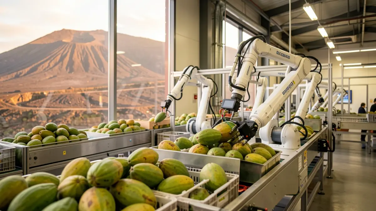 Instalación moderna de empaquetado agrícola en Canarias con robótica y IA.