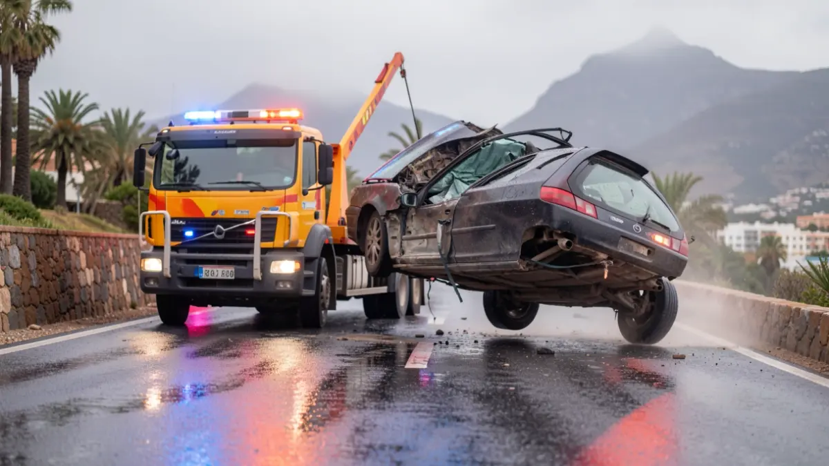 Imagen de un coche siendo retirado manualmente de la carretera en Gran Canaria por guardias civiles y vecinos.