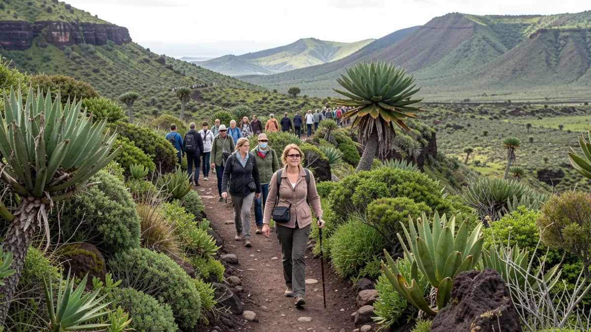 Image of a nature guide leading a group on a trail in Tenerife, highlighting the volcanic landscape and cultural interpretation.