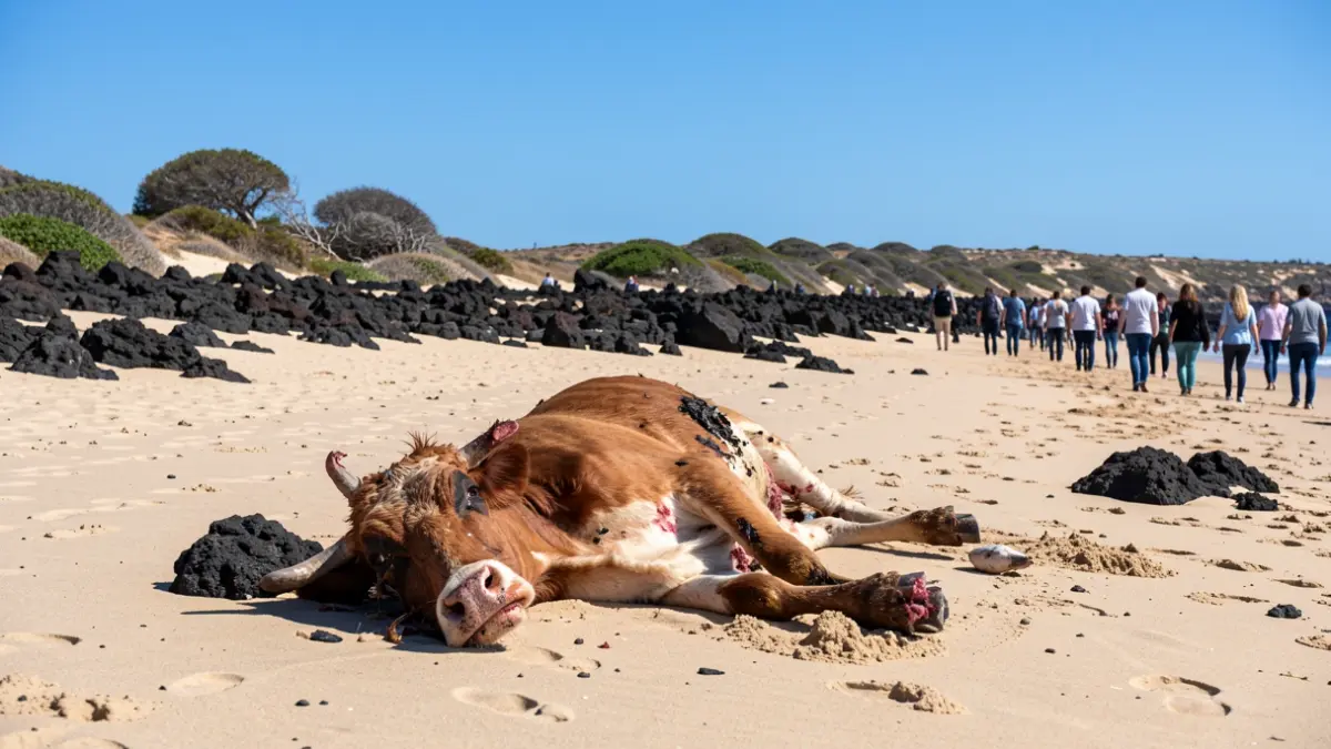 Imagen de una vaca en descomposición en la playa de Valdivia, La Oliva, Fuerteventura.