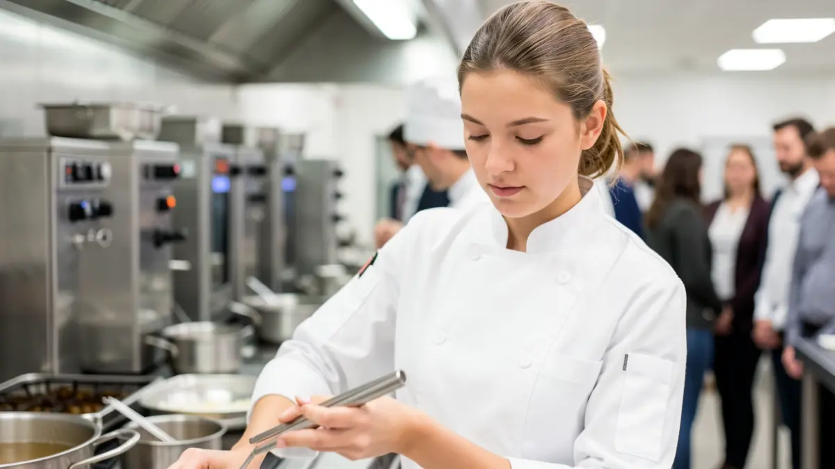 Estudiante de hostelería trabajando en una cocina profesional.