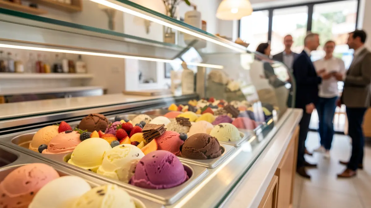 Close-up of artisanal ice cream with natural ingredients in a modern display case.