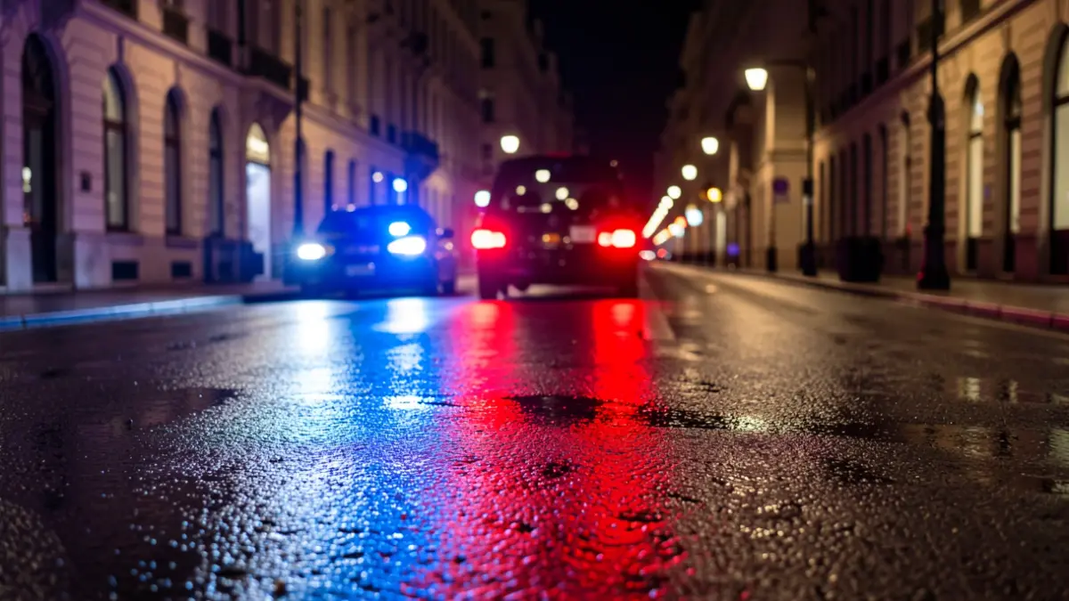 Generic image of police emergency lights reflecting on wet asphalt at night.