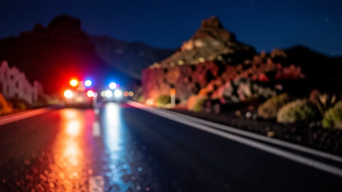Imagen genérica de luces de emergencia reflejándose en asfalto mojado.