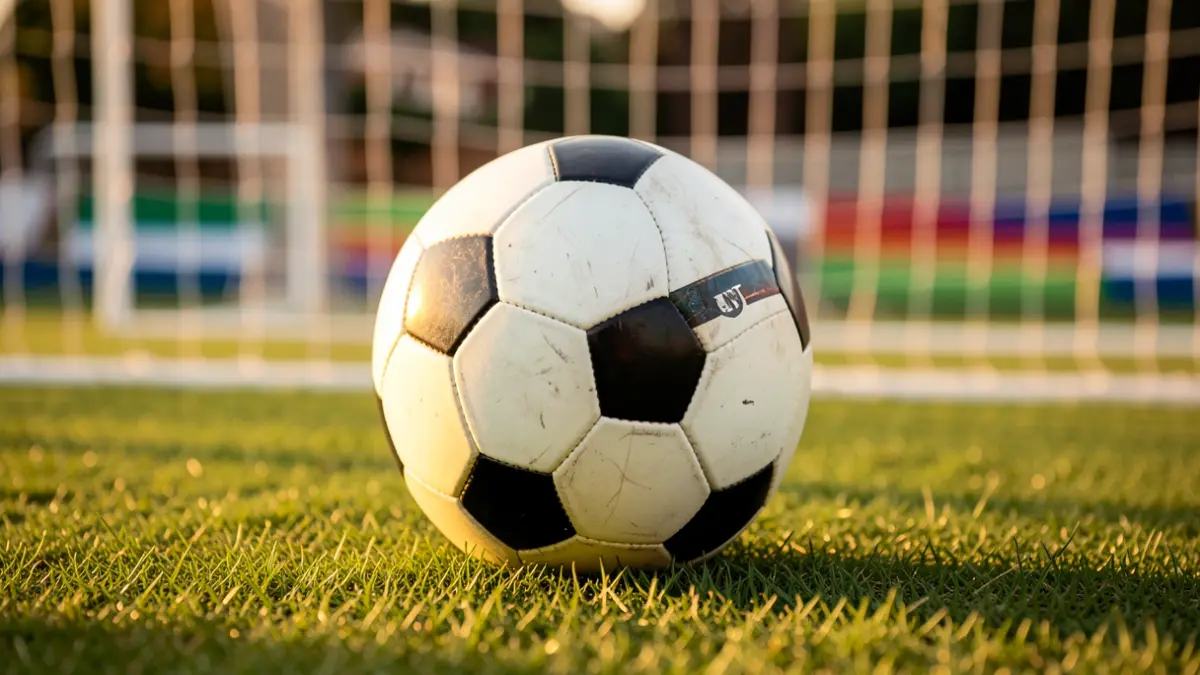 Generic image of a soccer ball on grass with the goal net out of focus.