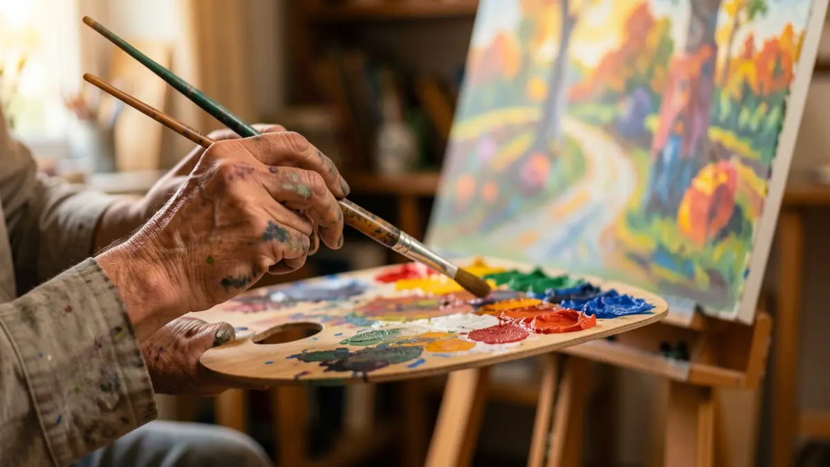 Close-up of an artist's hands holding a paintbrush and palette, with a blurred vibrant painting in the background.