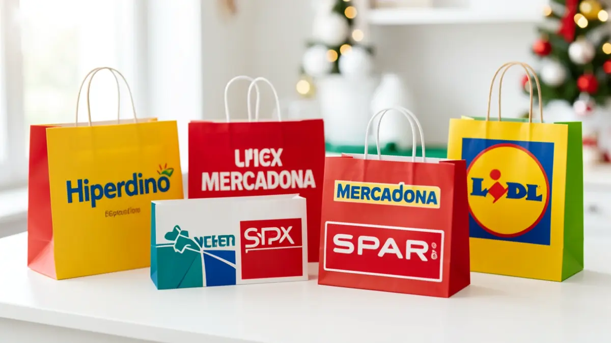 Generic image of supermarket logos and shopping bags.