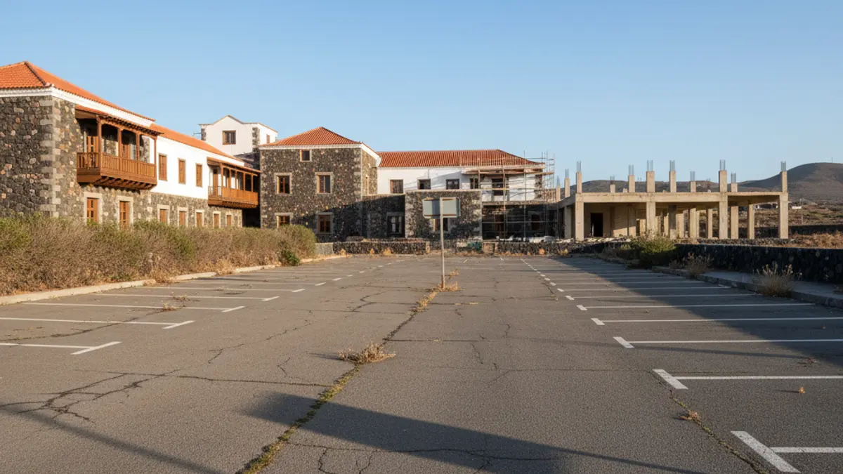 Image of an empty hospital parking lot in La Palma, symbolizing the lack of promised construction.