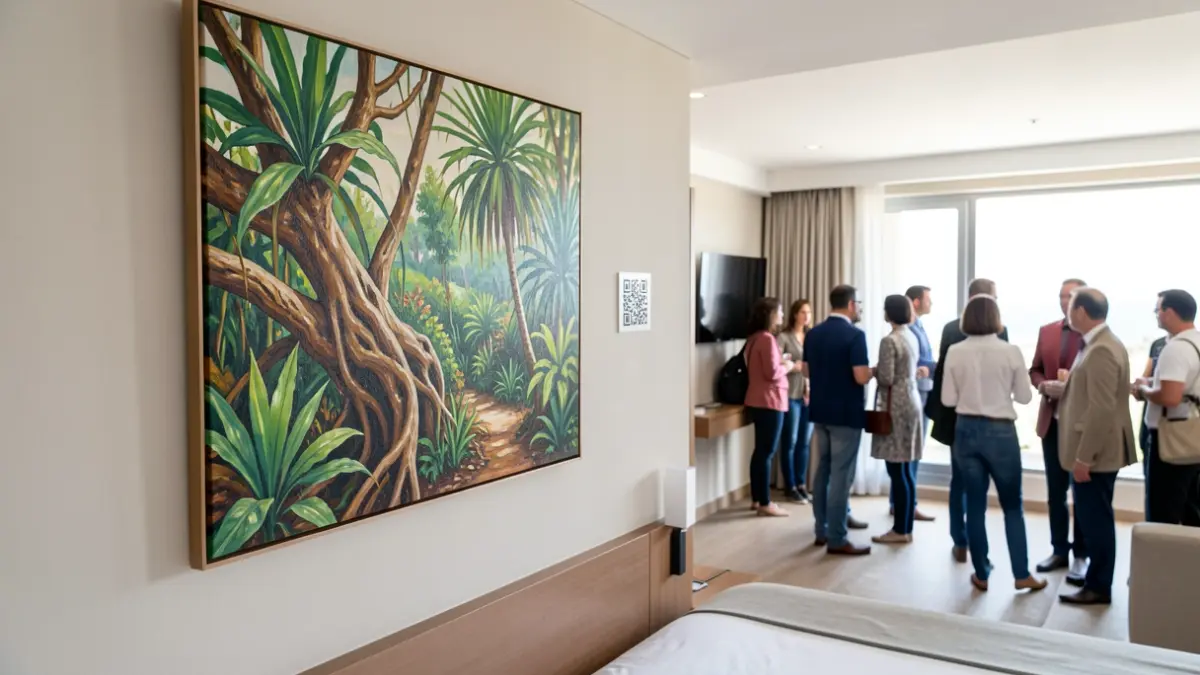 Obra de arte inspirada en el Parque García Sanabria expuesta en una habitación de hotel en Tenerife.