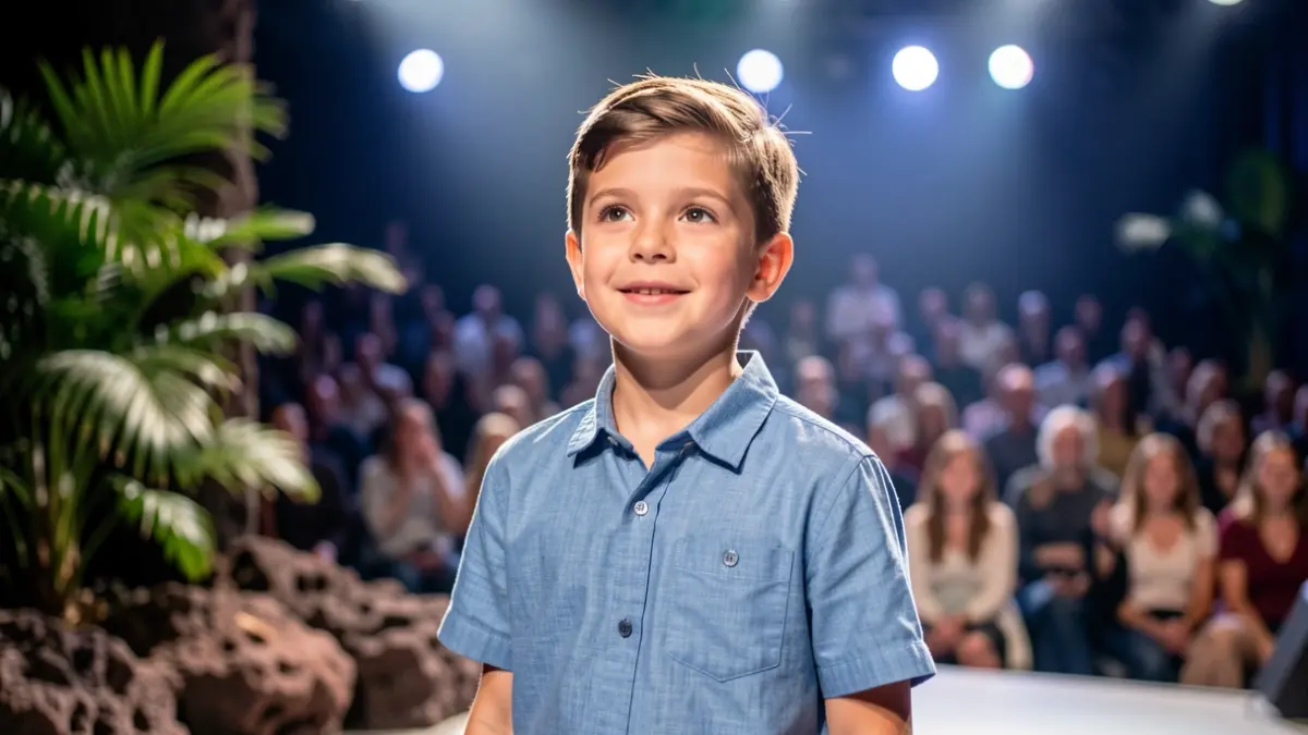 Imagen genérica de un niño en un escenario de televisión, con luces de fondo.