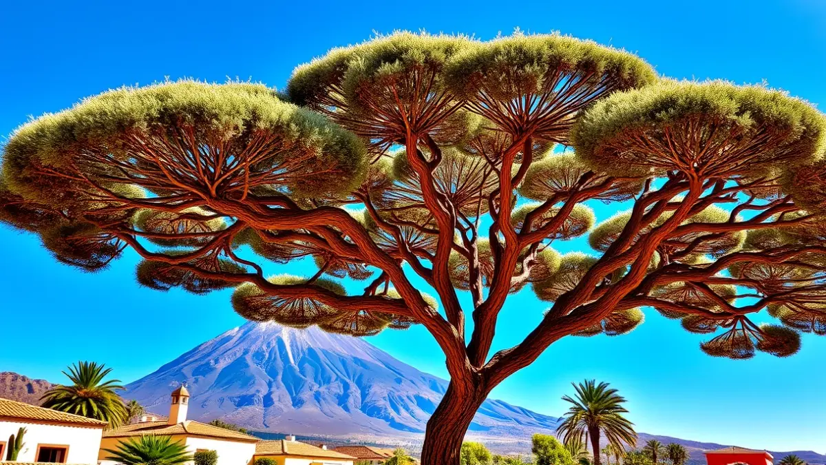 The Millenary Dragon Tree of Icod de los Vinos with the Teide volcano in the background, an iconic landscape of Tenerife.