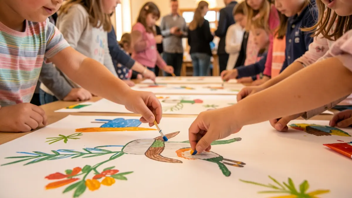 Hands of young children painting Canary Islands symbols like a goat and local flora.