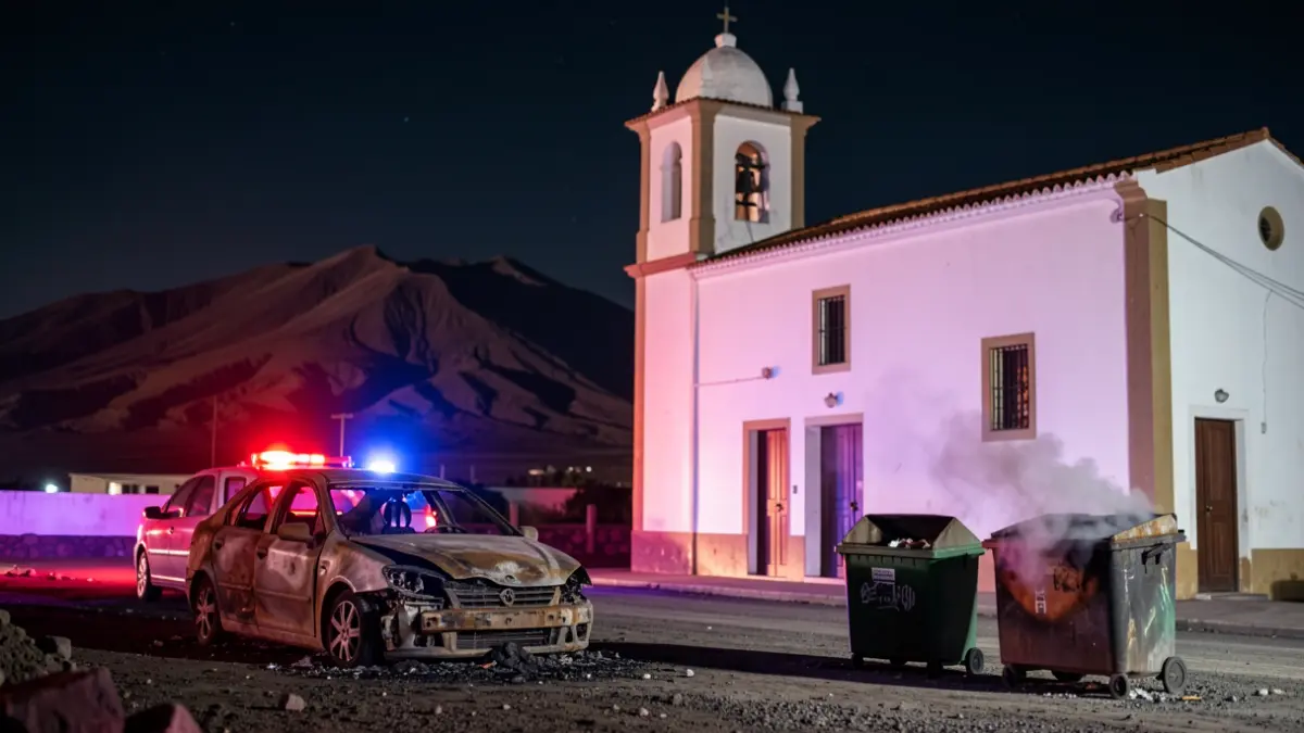 Imagen genérica de un coche y contenedores quemados junto a una iglesia en Lanzarote.