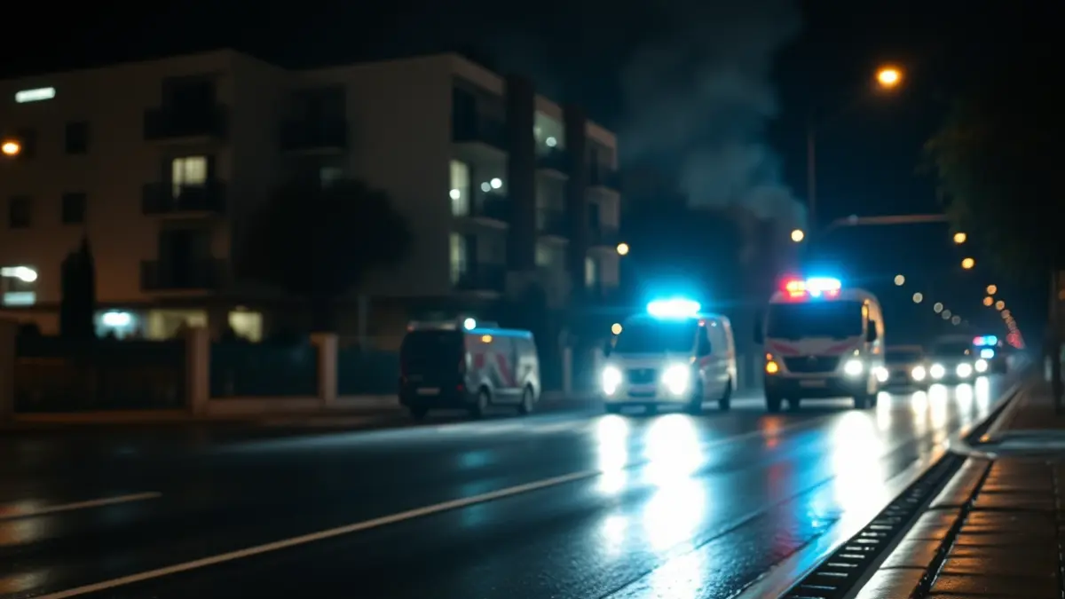 Generic image of emergency lights on a street at night, with a residential building in the background and diffuse smoke.