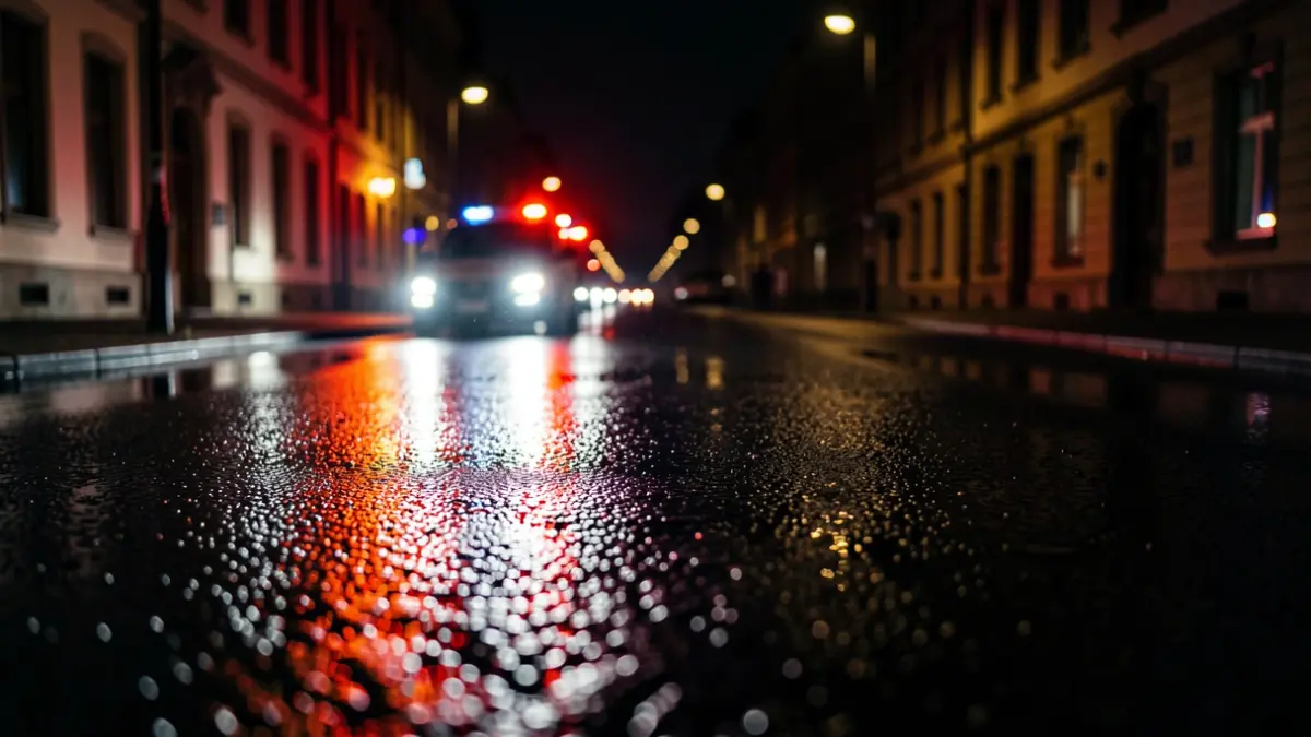 Imagen genérica de luces de emergencia policiales reflejándose en el asfalto mojado por la noche.