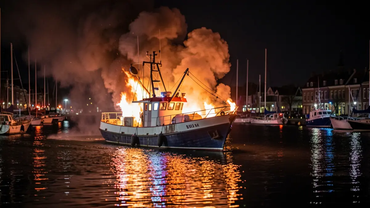 Image of a boat on fire at the Puerto de Mogán dock at night.