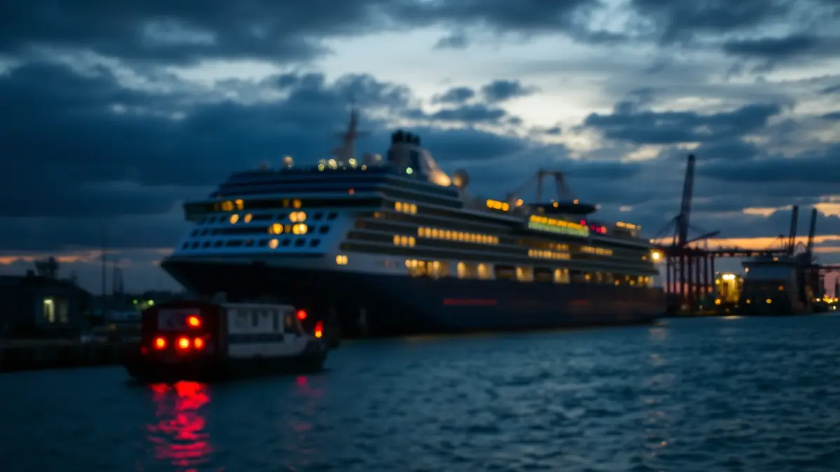 Imagen de un crucero anclado cerca de un puerto industrial al amanecer, con luces de emergencia borrosas en el muelle.