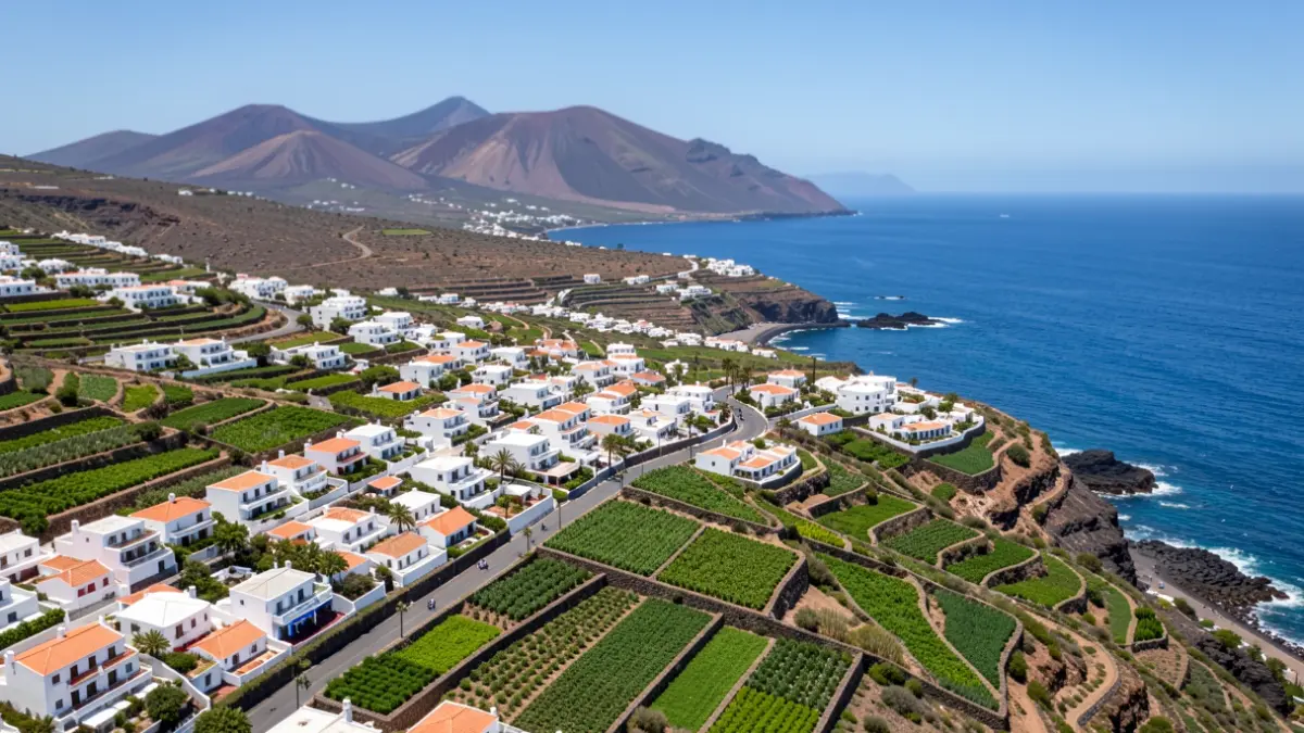 Imagen genérica de un pueblo costero en Canarias con terrazas agrícolas y el océano.
