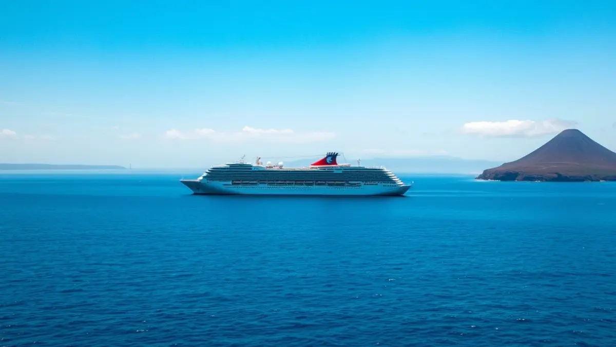 Imagen de un crucero anclado en aguas tranquilas cerca de una costa volcánica, con una atmósfera de espera.