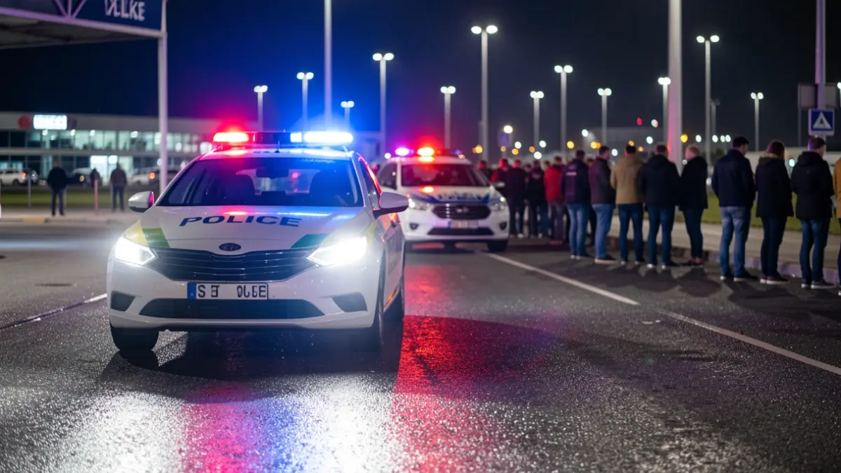Generic image of police emergency lights reflecting on wet asphalt at night.
