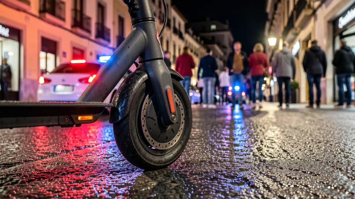 Generic image of an electric scooter wheel on wet asphalt at night, with blurred police emergency lights.