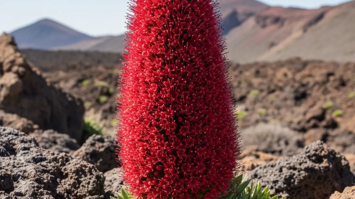 Image of a red tajinaste plant with volcanic rocks in Teide National Park.