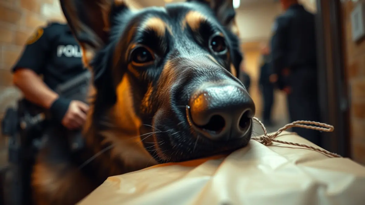 Image of a police dog detecting drugs in a package at a prison.