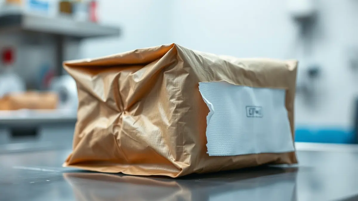Generic image of a package with towels being inspected, with a small tear revealing the contents.