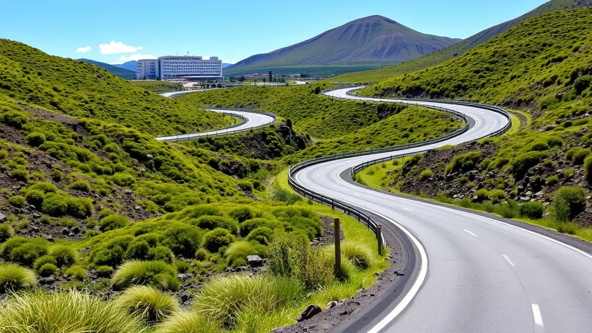 Imagen de una carretera moderna en un paisaje volcánico con un hospital al fondo.