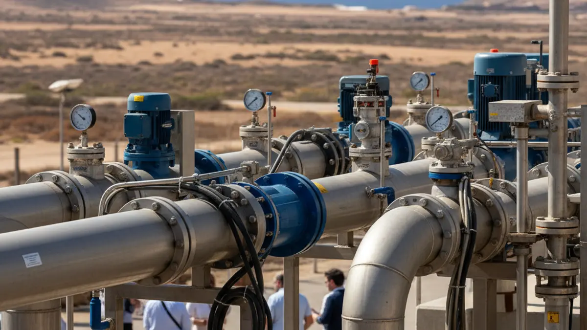 Generic image of a desalination plant with pipes and industrial machinery.