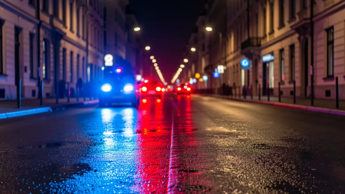 Generic image of police emergency lights reflecting on wet asphalt at night.