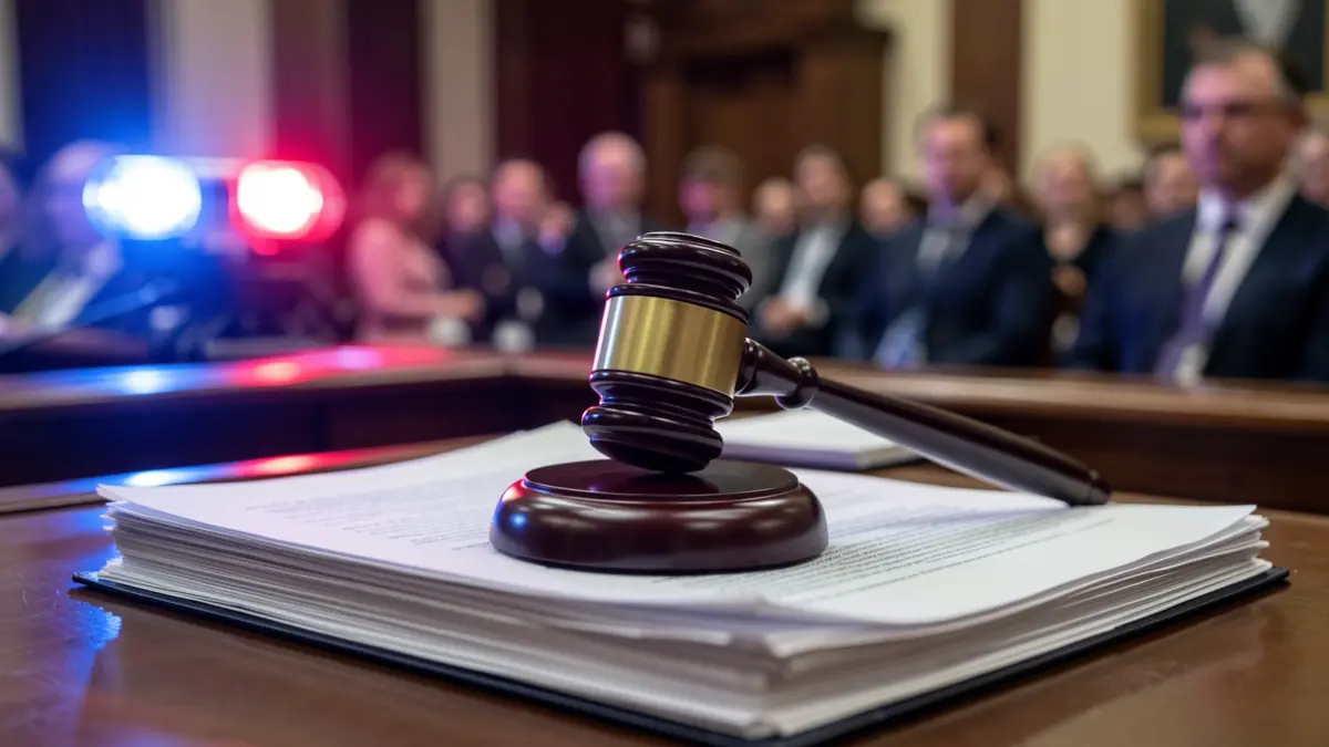 Generic image of a judge's gavel on legal documents with emergency lights.
