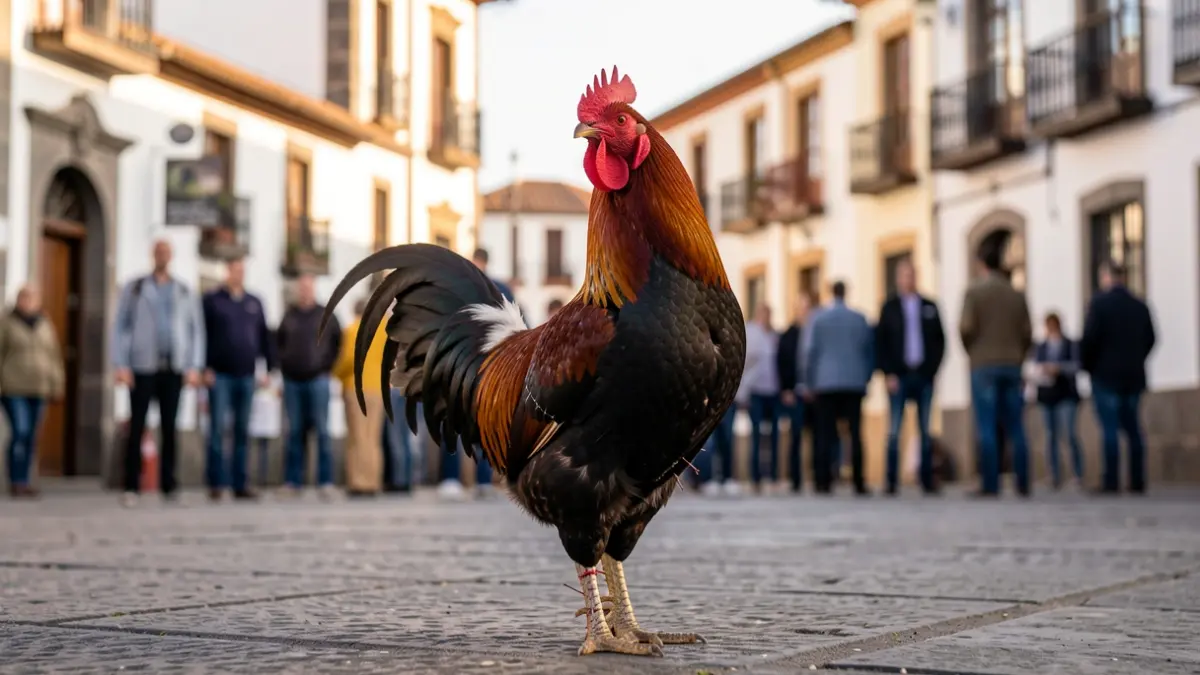 Image of an injured rooster in a public square in La Laguna.