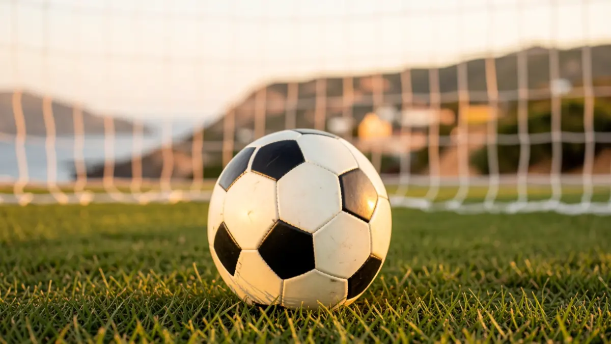 Imagen genérica de un balón de fútbol sobre césped con la red de la portería desenfocada.