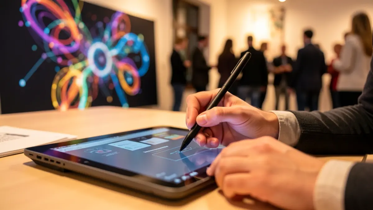 Close-up of a graphic designer's hands working on a tablet with AI-generated art elements.