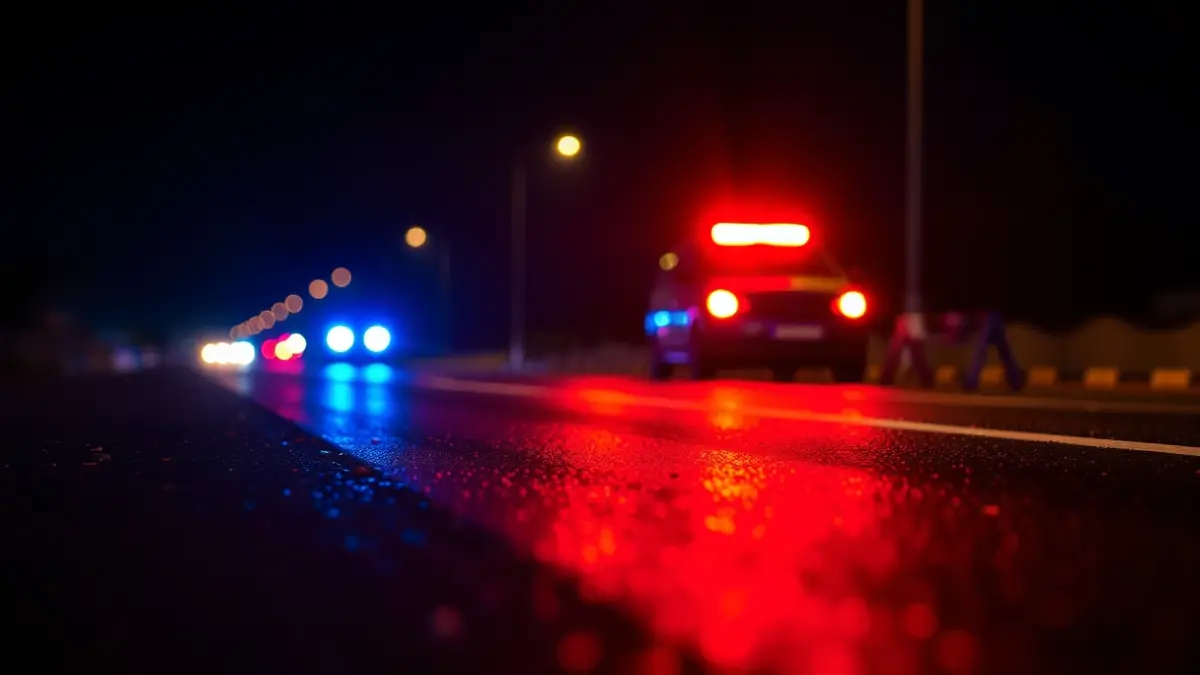 Generic image of emergency lights reflecting on wet asphalt at night.