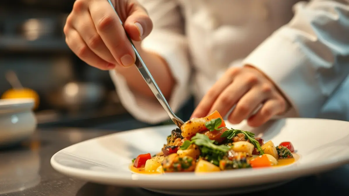 Chef's hands plating a gourmet dish with Canary Island ingredients.