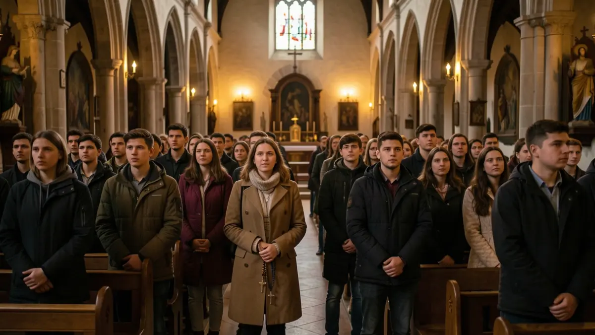 Young people from Hakuna preparing for the Pope's visit in a church.