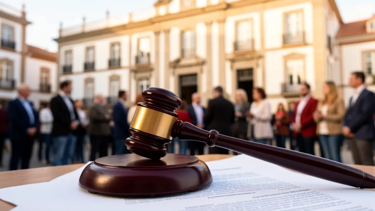 Imagen genérica de un mazo de juez sobre un documento legal con un edificio judicial al fondo.