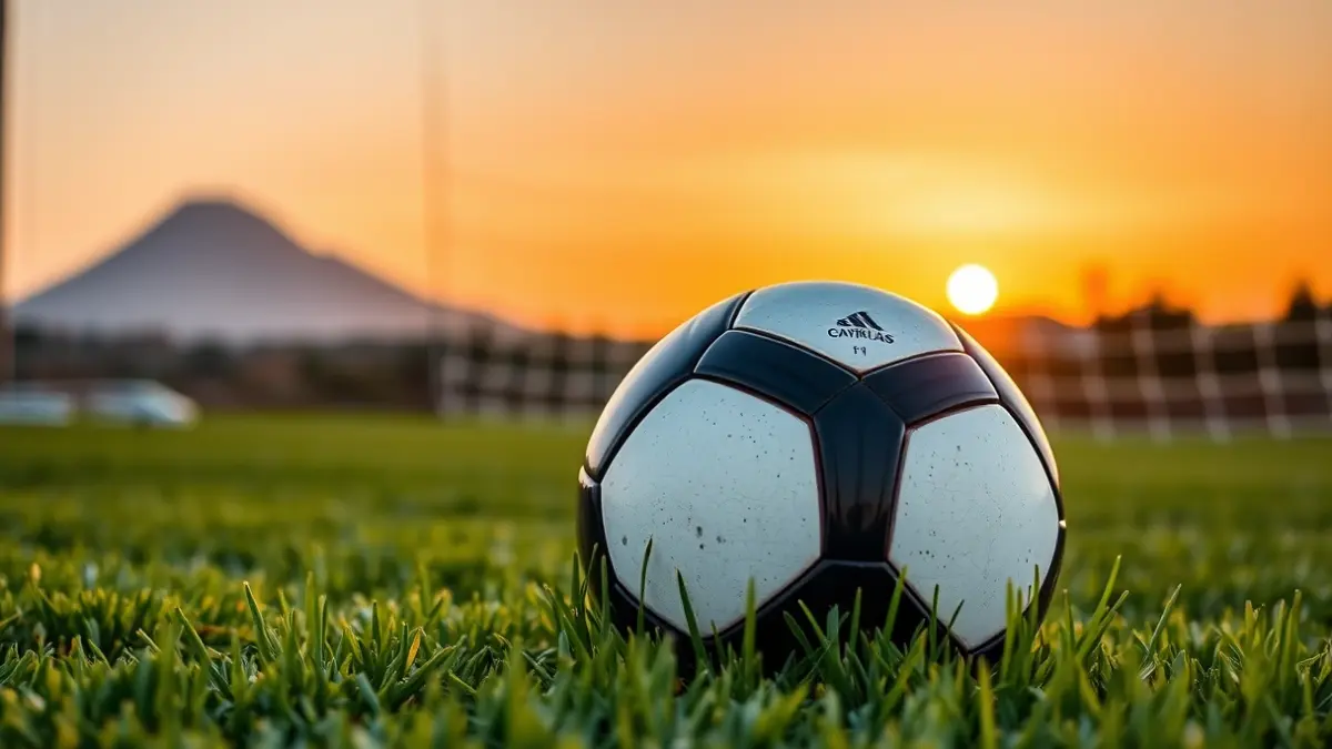 Generic image of a soccer ball on a field, with a blurred goal net in the background.