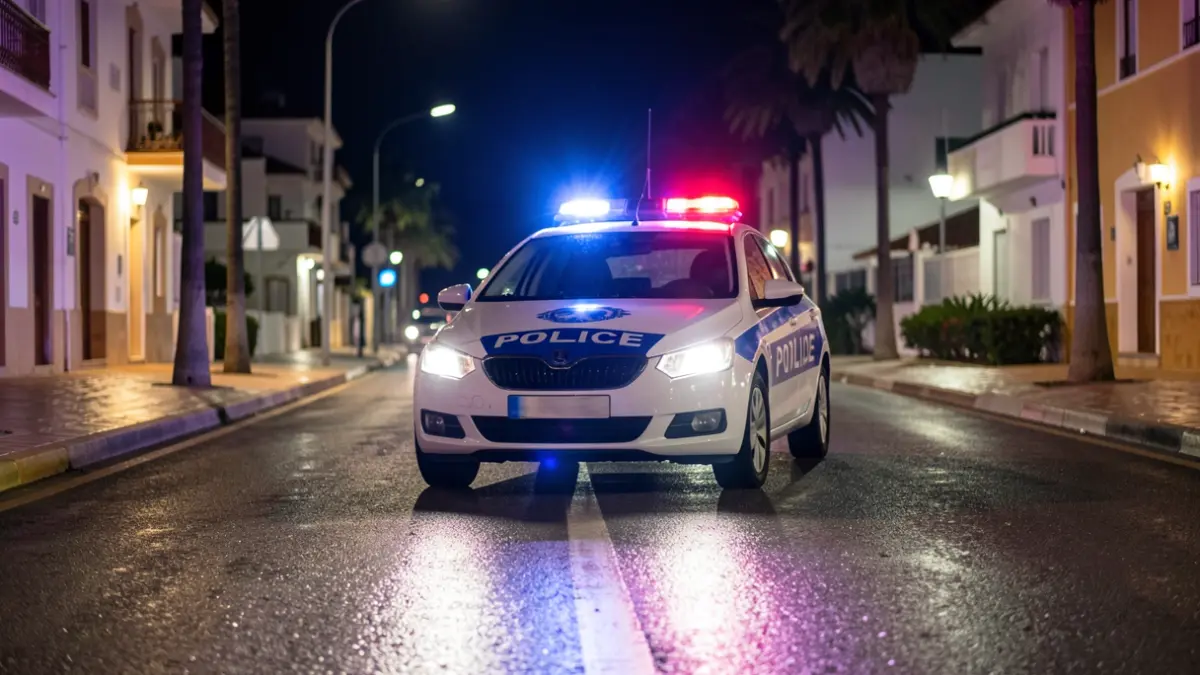 Generic image of police emergency lights reflecting on wet asphalt at night.