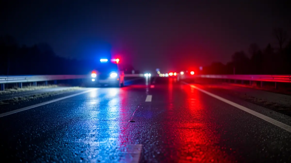 Generic image of police emergency lights reflecting on wet asphalt at night.