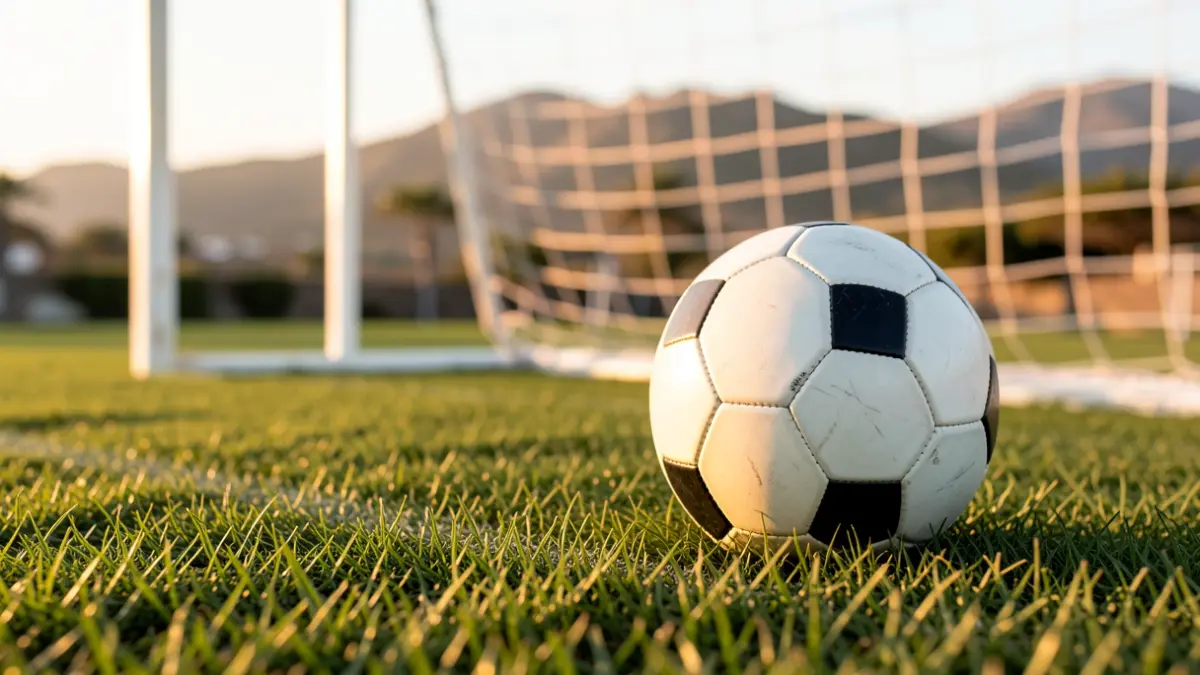Imagen genérica de un balón de fútbol sobre césped con la red de portería desenfocada.