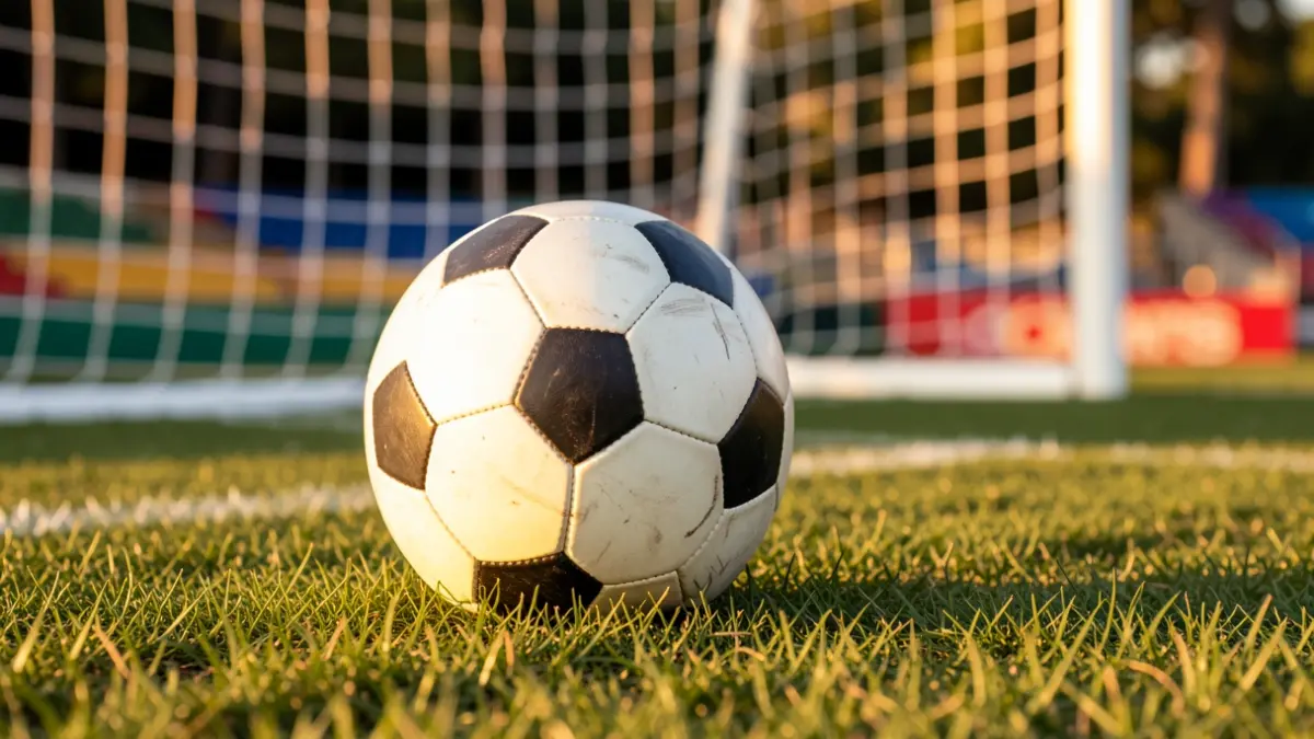 Imagen genérica de un balón de fútbol sobre césped con la red de portería desenfocada.