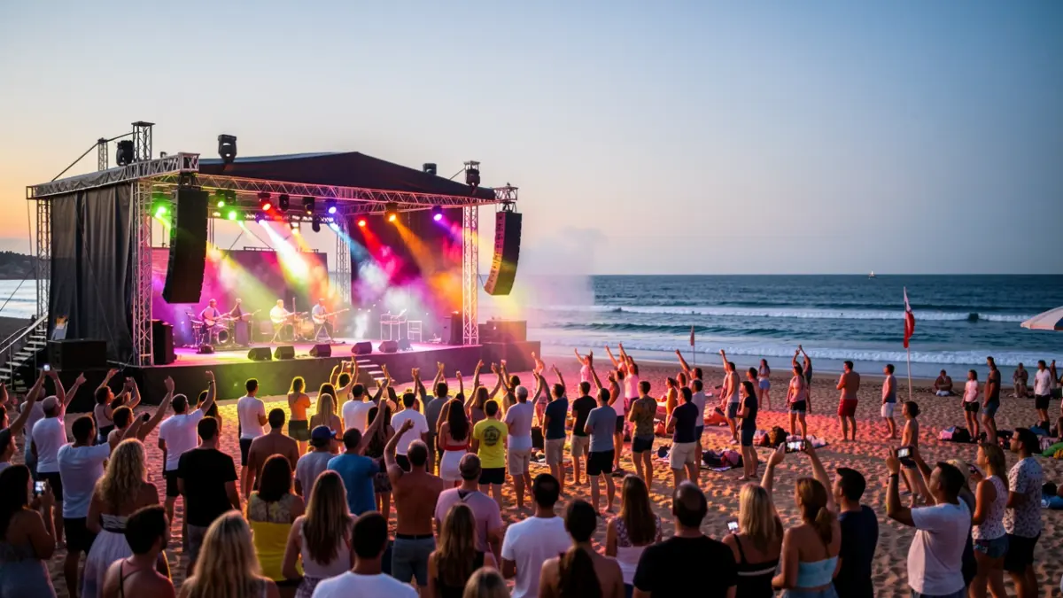 Imagen genérica de un festival de música en una playa de Gran Canaria al atardecer.