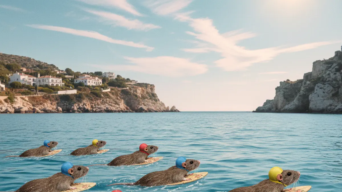 Humorous image of rats swimming towards the coast, reflecting social media satire.