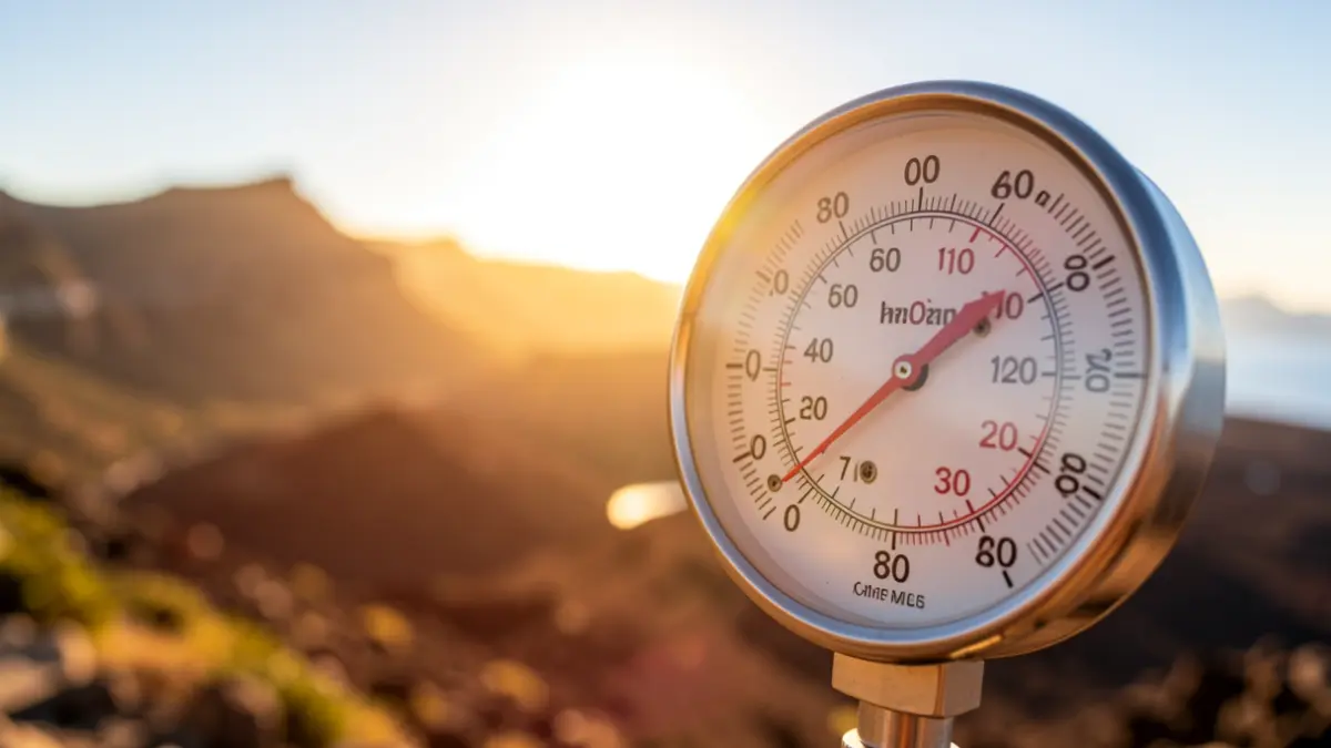 Generic image of a thermometer showing high temperatures with a volcanic landscape in the background.